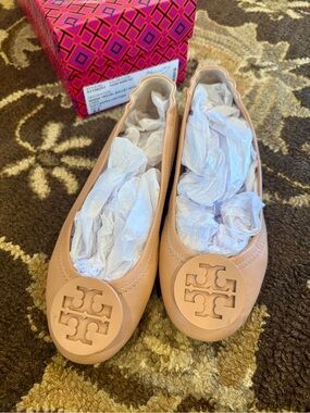 Tory Burch Blush Leather Logo Ballet Flats